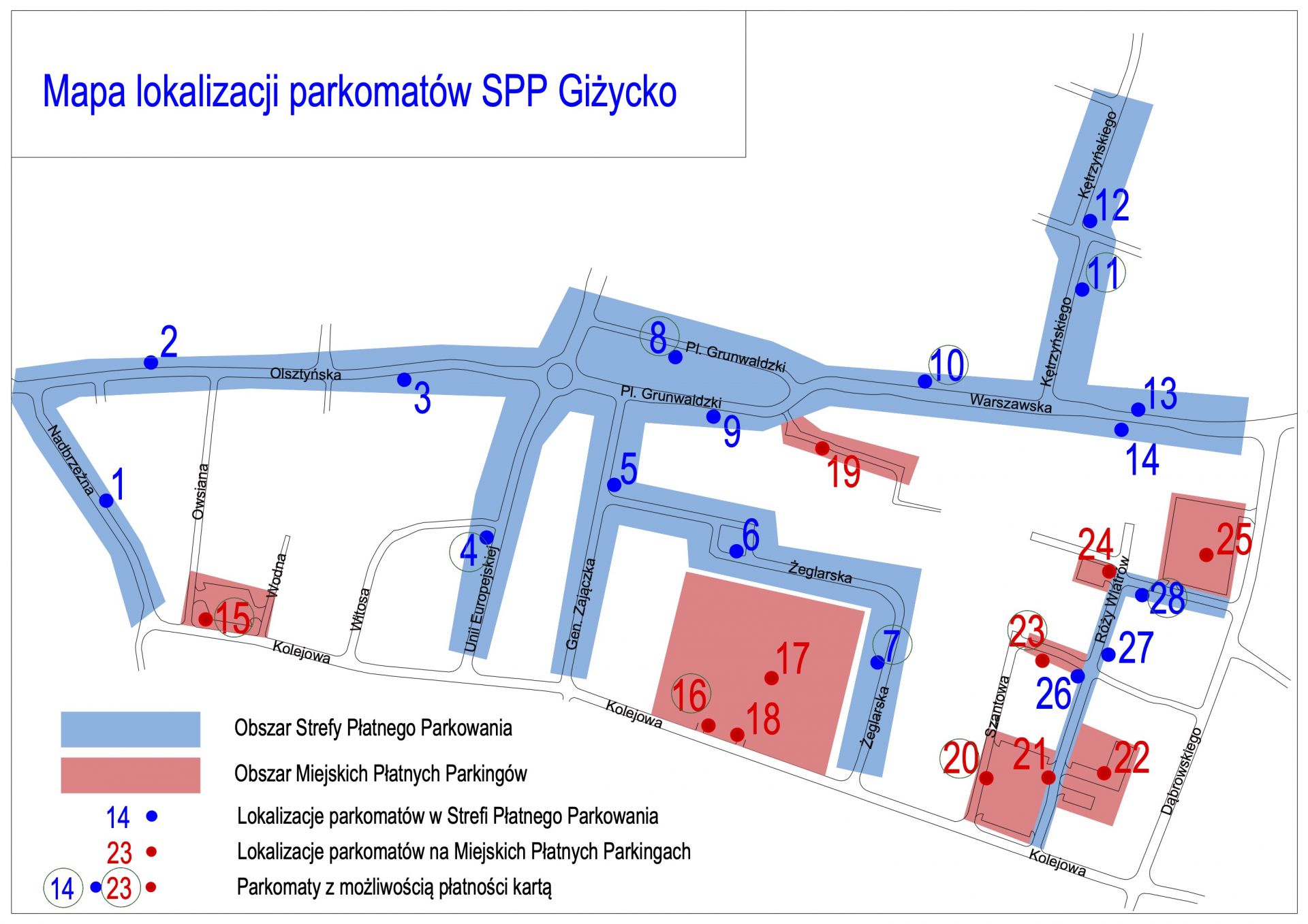 Sezonowa Strefa Płatnego Parkowania ( SSPP) i Płatnych Parkingów (PP) w Giżycku. Obszar SSPP - ulice: Nadbrzeżna, Olsztyńska, Unii Europejskiej, Gen. Zajączka, Pl. Grunwaldzki, Warszawska, Kętrzyńskiego, Żeglarska. Obszar PP - parkingi przy ul. Kolejowej, i Róży Wiatrów